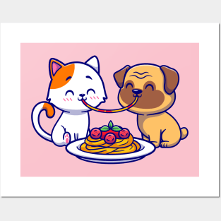 Cute Couple Cat And Pug Dog Eating Spaghetti Together Cartoon Posters and Art